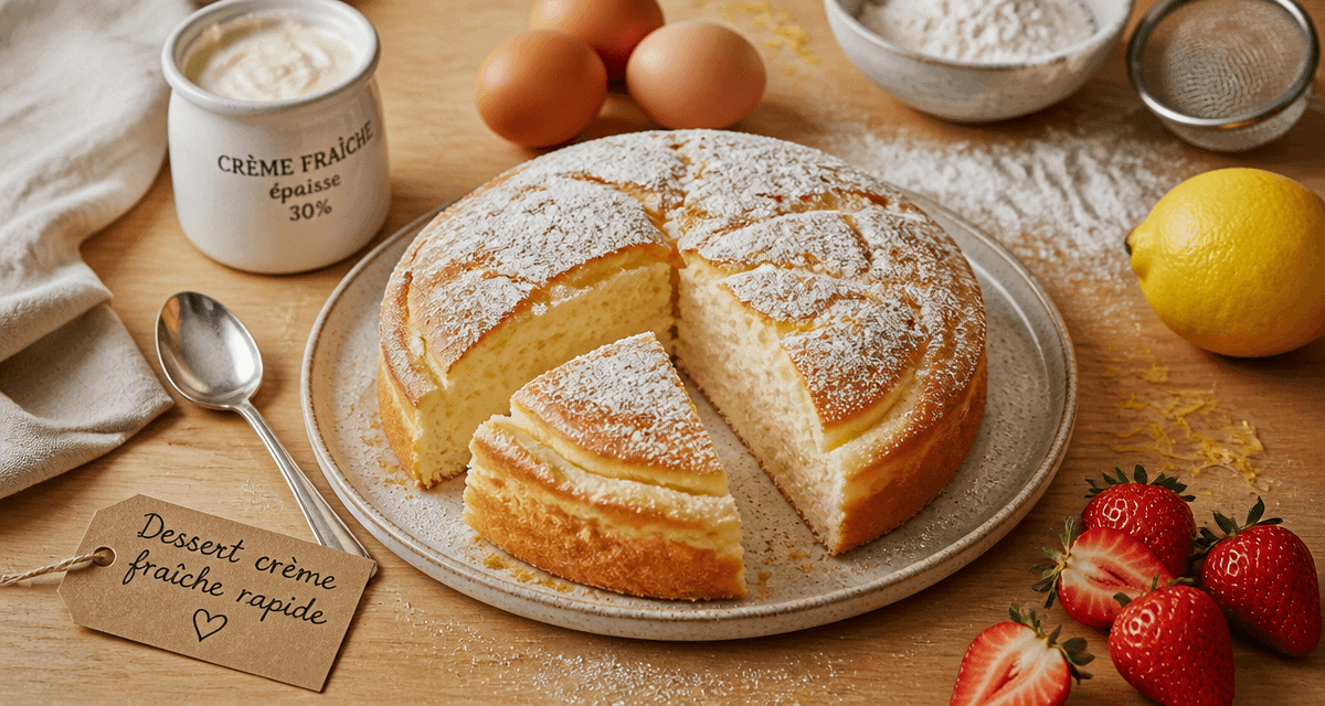 Dessert crème fraîche rapide moelleux sur table avec ingrédients