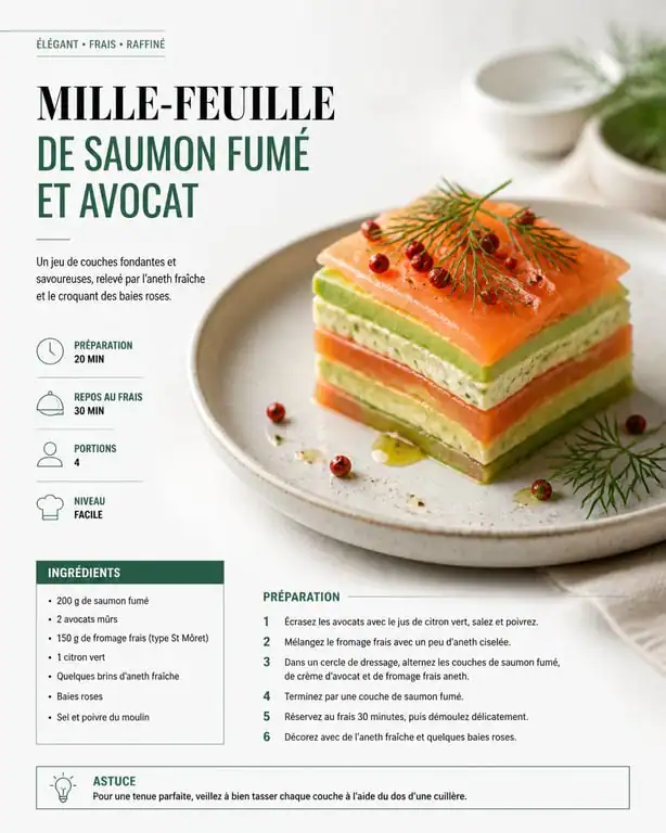 Mille-feuille de saumon et avocat pour une entrée froide raffinée