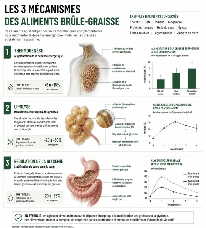 Infographie explicative des mécanismes métaboliques des aliments brûle-graisse