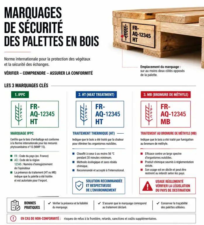 Infographie des marquages de sécurité pour palettes en bois : HT vs MB