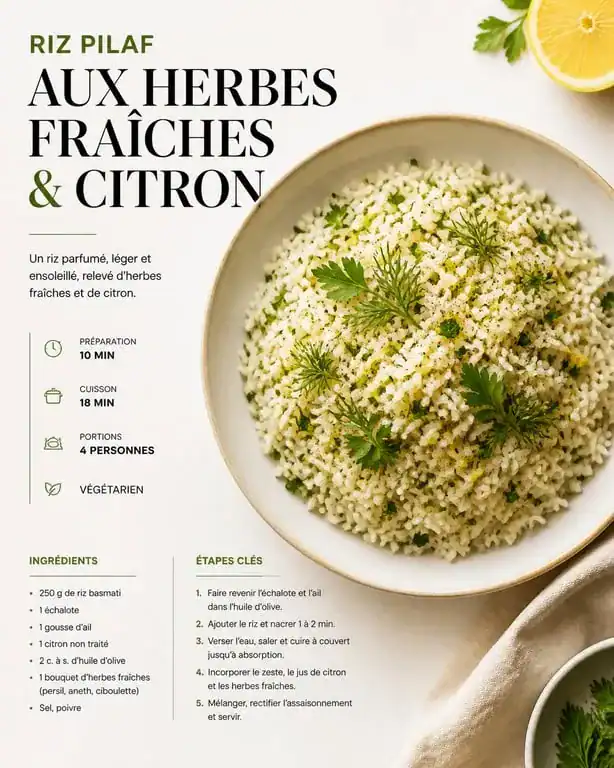 Riz en accompagnement recette : riz pilaf aux herbes et citron dans une assiette élégante