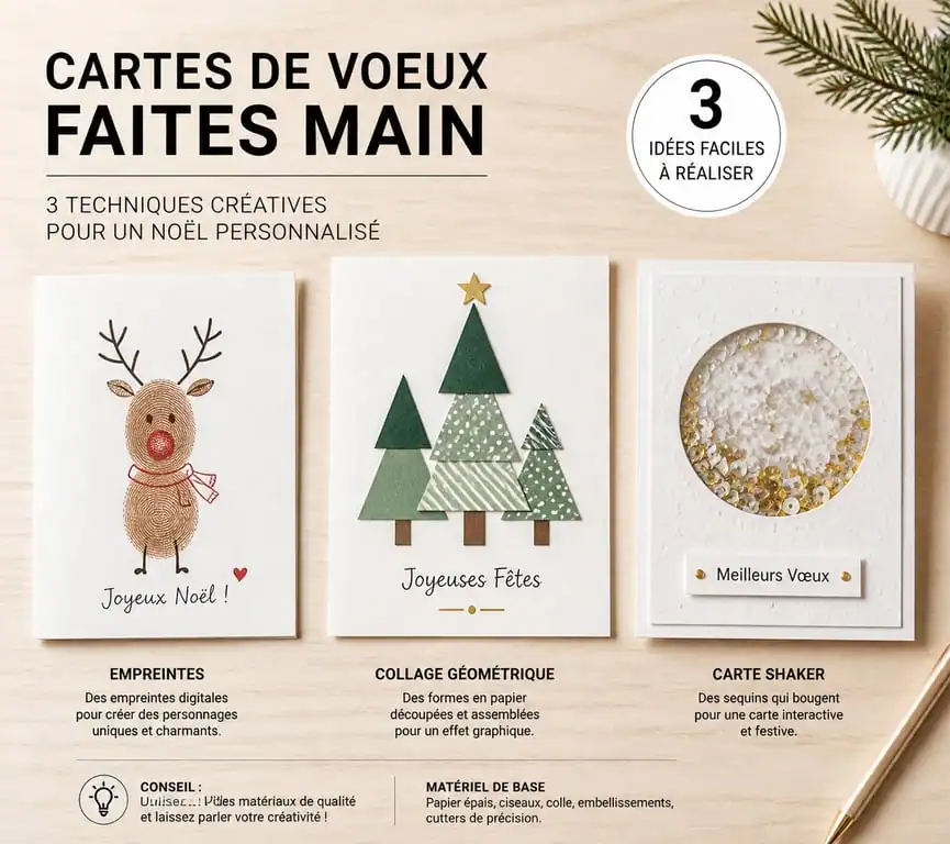 Exemples de cartes de vœux maison faciles à réaliser avec des techniques de collage et d'empreintes