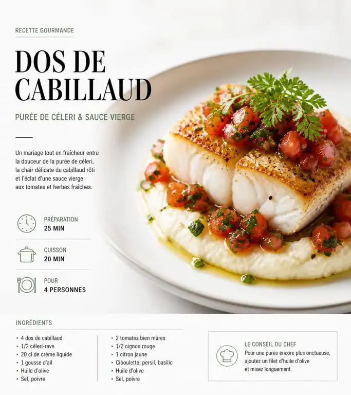 Dos de cabillaud rôti avec purée de céleri et sauce vierge, une idée d'accompagnement pour cabillaud