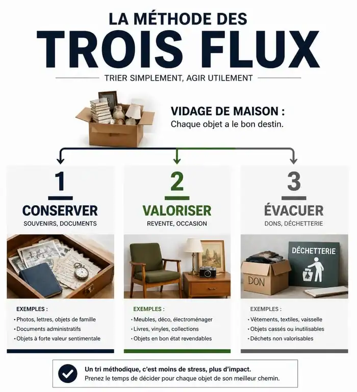 Infographie méthode des trois flux pour le vidage maison