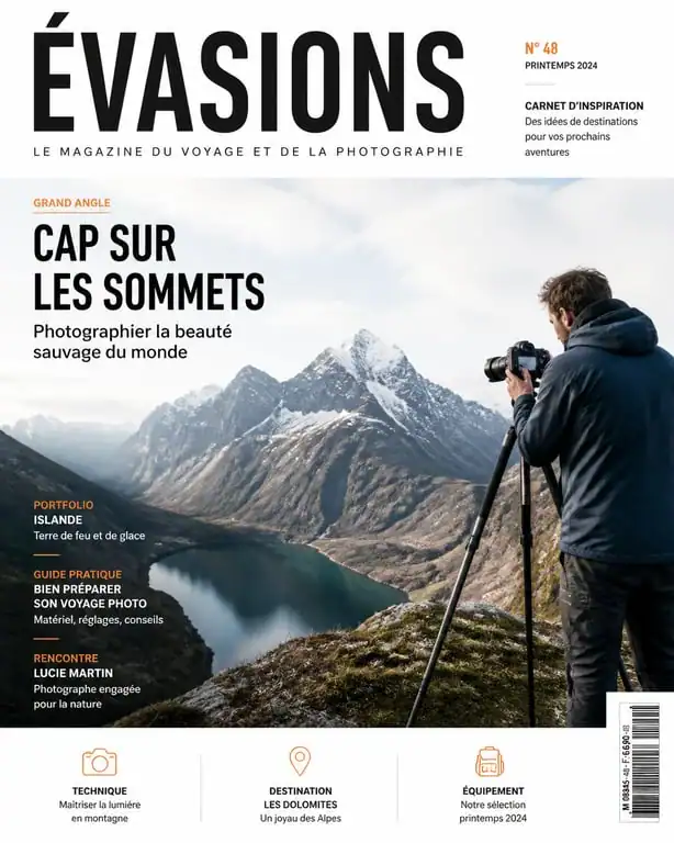 Photographe professionnel en voyage photo capturant un paysage spectaculaire pour son portfolio