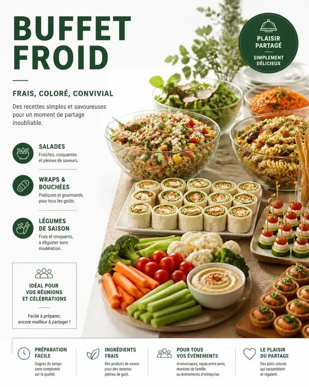 Table de repas froid entre amis avec salades et finger food