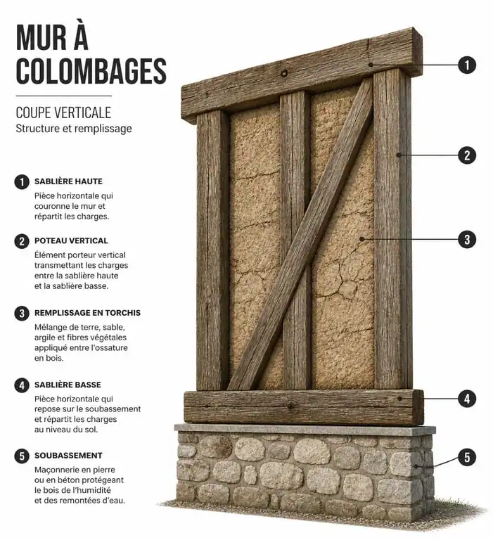Schéma technique de l'anatomie d'une maison à colombages
