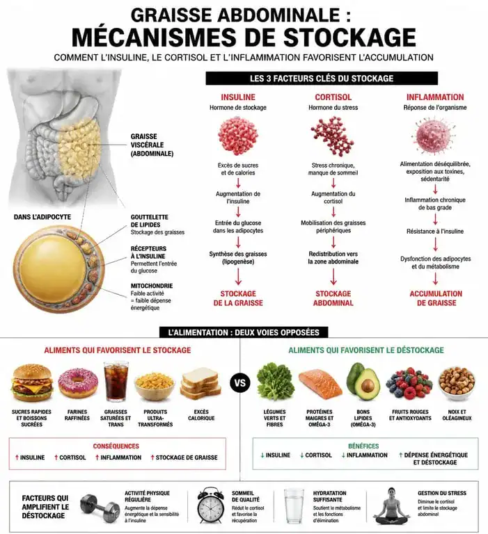 Infographie sur les mécanismes de stockage et de perte de graisse abdominale et alimentation