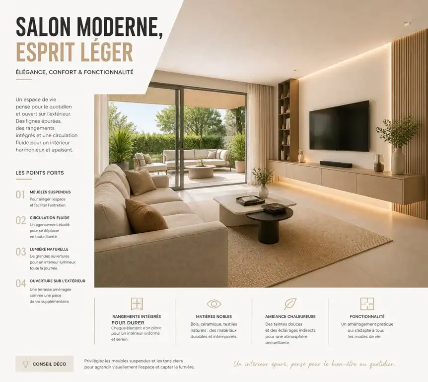 Aménagement maison moderne avec salon fonctionnel et terrasse