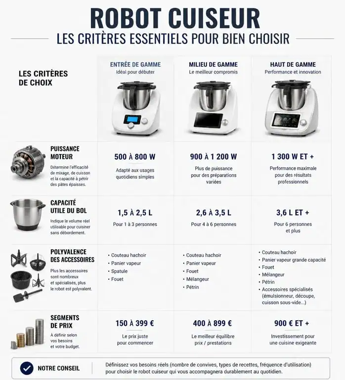 Infographie comparative des critères de choix pour le meilleur robot cuisine