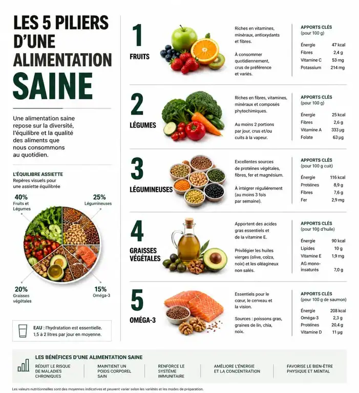 Infographie sur les piliers d'une alimentation saine et les aliments bons pour la santé