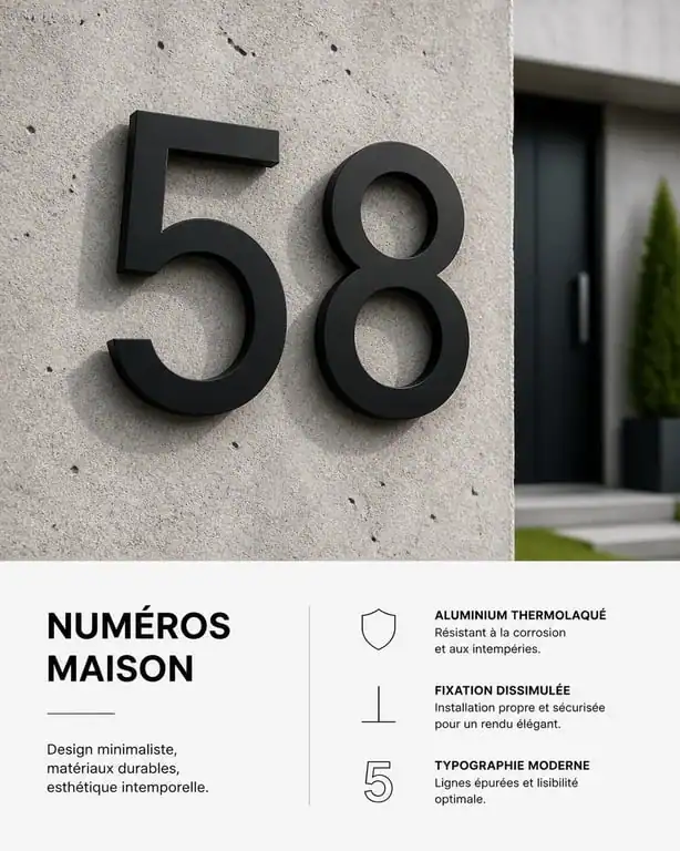 Numéro de maison design en aluminium thermolaqué noir mat sur mur en béton