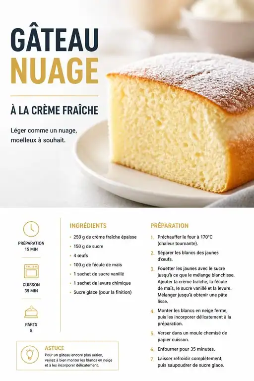 Gâteau nuage à la crème fraîche moelleux et aérien