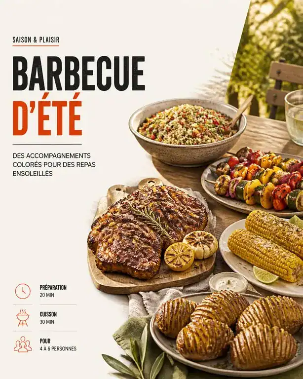 Assortiment d'accompagnements pour barbecue : salades, légumes grillés et pommes de terre pour un repas convivial.