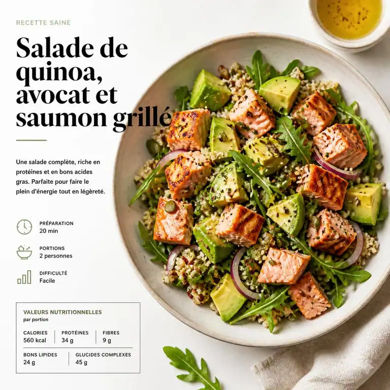 Salade de quinoa, avocat et saumon grillé pour une recette pour maigrir le ventre