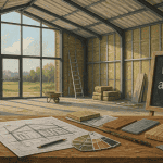 hangar aménagé en maison avec baie vitrée et isolation