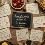jeux de mots autour de la cuisine sur table d'ingrédients