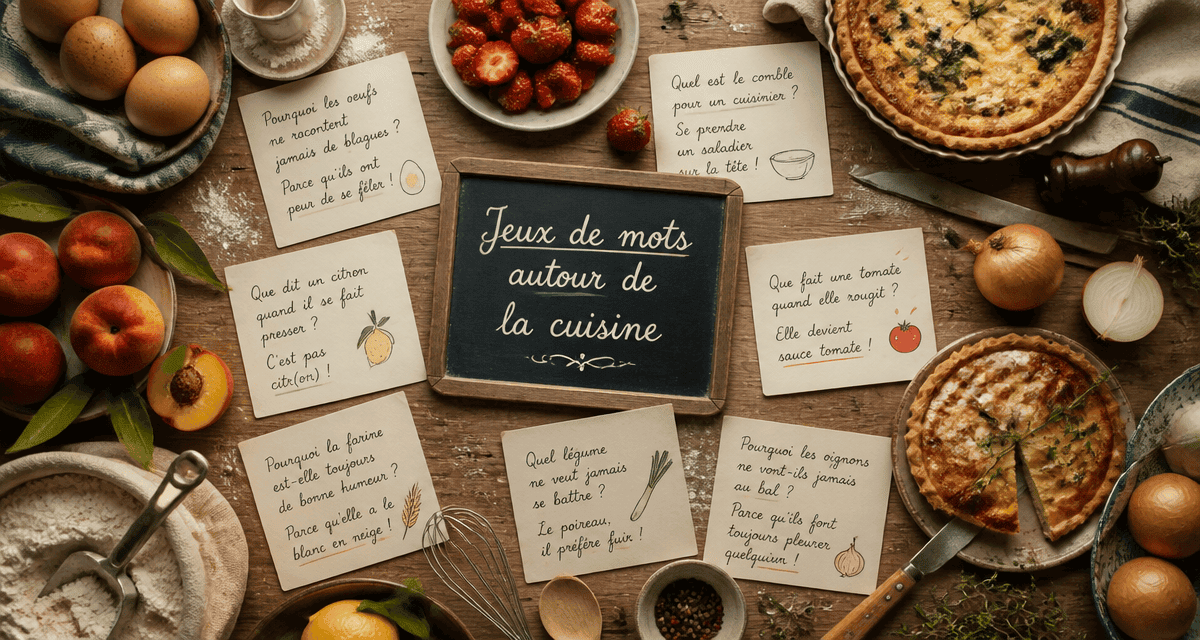 jeux de mots autour de la cuisine sur table d'ingrédients