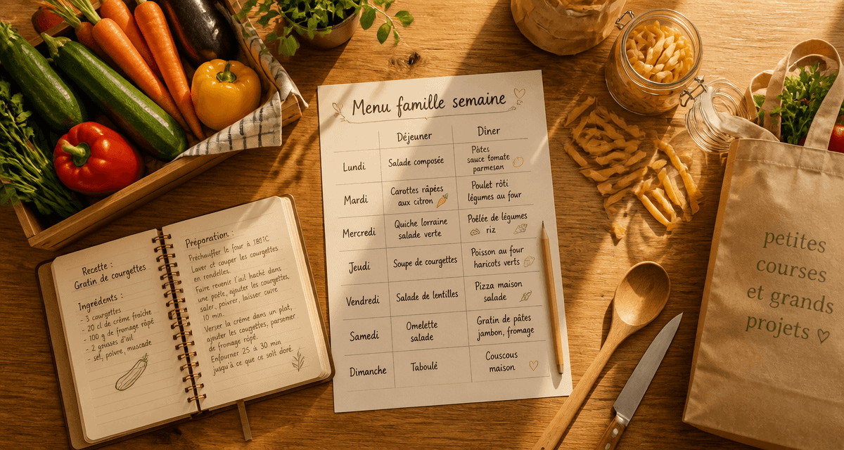 menu famille semaine sur table en bois avec planning et légumes