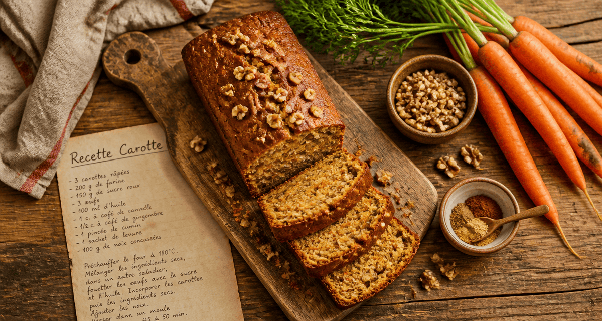 recette carotte cake aux épices et noix sur table rustique