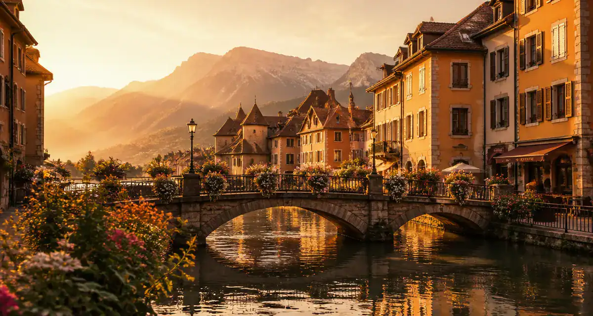 annecy region france pont fleuri lac montagnes