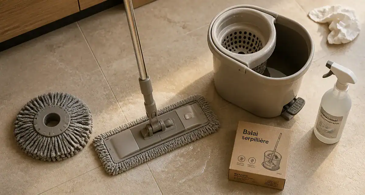 Balai serpillère microfibre et seau essoreur sur carrelage beige, sans rayer