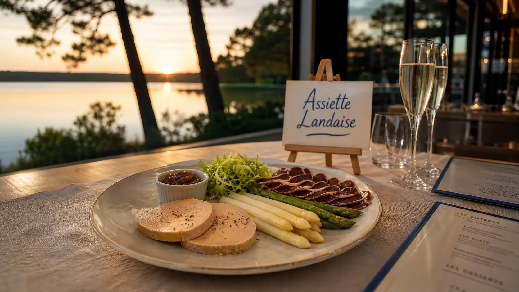 Biscarrosse restaurant : assiette landaise au bord du lac, table en lin