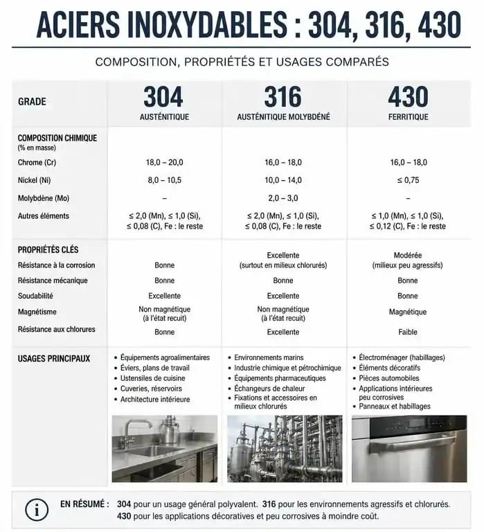 Infographie comparative des grades d'acier inoxydable 304, 316 et 430