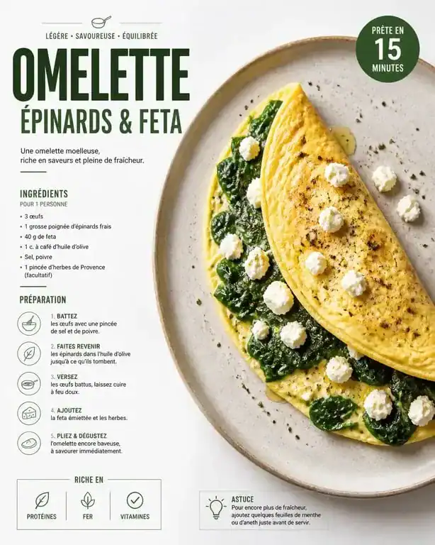 Omelette healthy aux épinards et feta dans une assiette