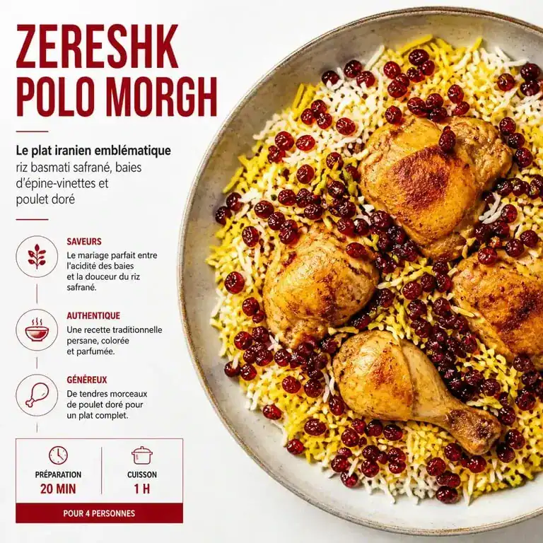 Plat traditionnel Zereshk Polo Morgh servi dans un restaurant persan