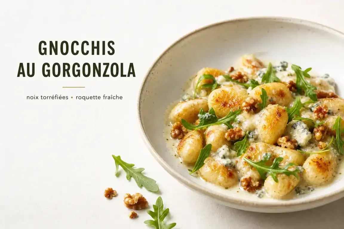 Assiette de gnocchis poêlés à la crème de gorgonzola et noix, une idée d'accompagnement gourmande pour vos gnocchis.