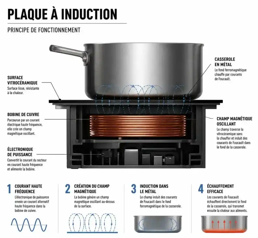 Schéma explicatif du fonctionnement d'une plaque à induction avec bobine et champ magnétique