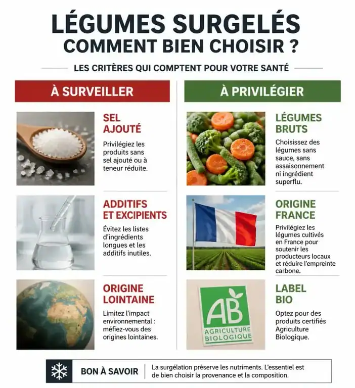 Infographie sur les critères de choix pour éviter les marques de légumes surgelés de mauvaise qualité
