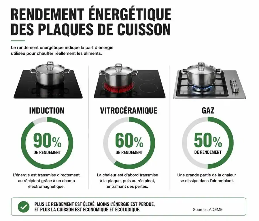Comparaison du rendement énergétique des plaques de cuisson : induction, vitrocéramique et gaz pour optimiser la consommation plaque induction.