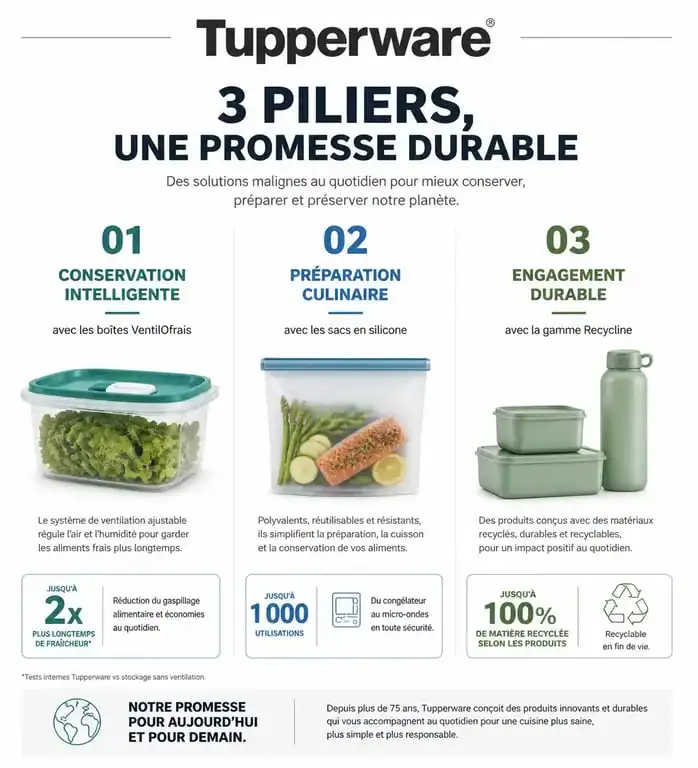 Infographie des gammes phares du catalogue Tupperware : conservation, préparation et produits recyclés