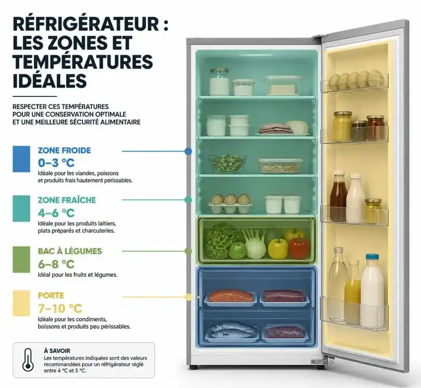 Infographie des zones de température idéales pour le réglage d'un réfrigérateur