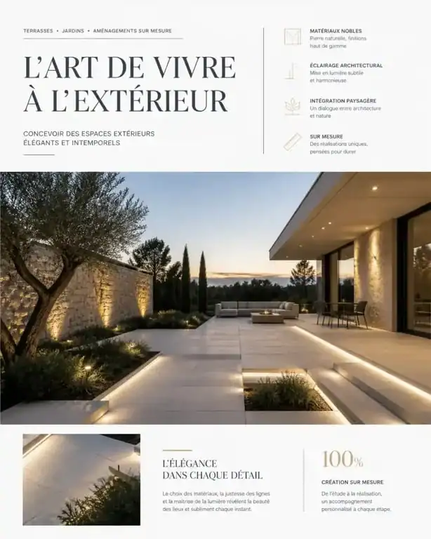 Aménagement extérieur de prestige en France avec terrasse en pierre naturelle et éclairage architectural.