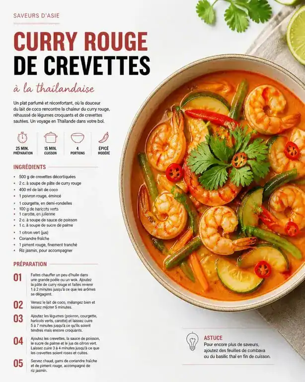 Curry rouge de crevettes et légumes croquants, une recette savoureuse avec de la pâte de curry