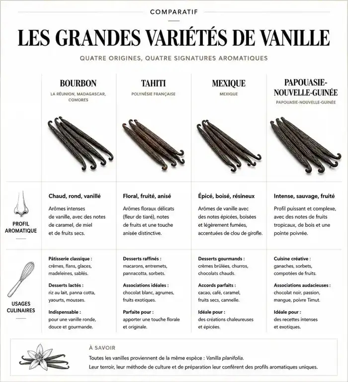Infographie comparative des variétés de gousse de vanille : Bourbon, Tahiti, Mexique et Papouasie-Nouvelle-Guinée
