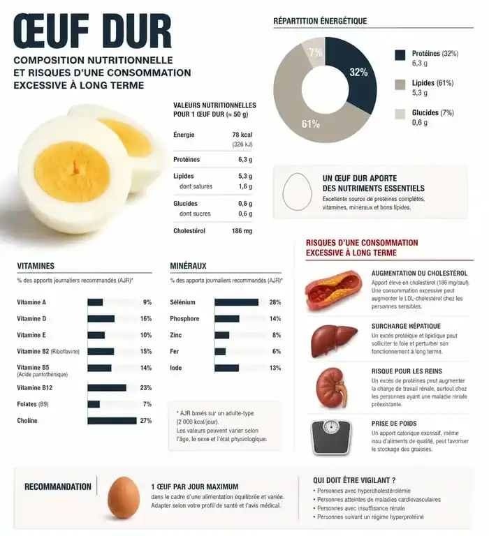 Infographie sur les bienfaits et les risques du régime œuf dur pour la santé