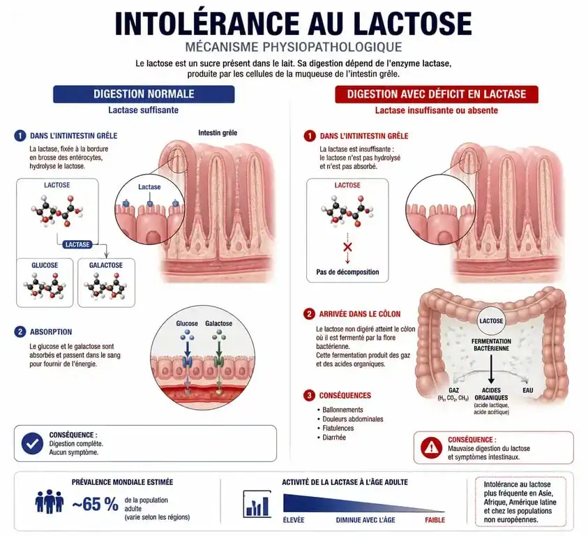 Schéma explicatif des méfaits du lactose et du mécanisme de l'intolérance au lactose dans le système digestif