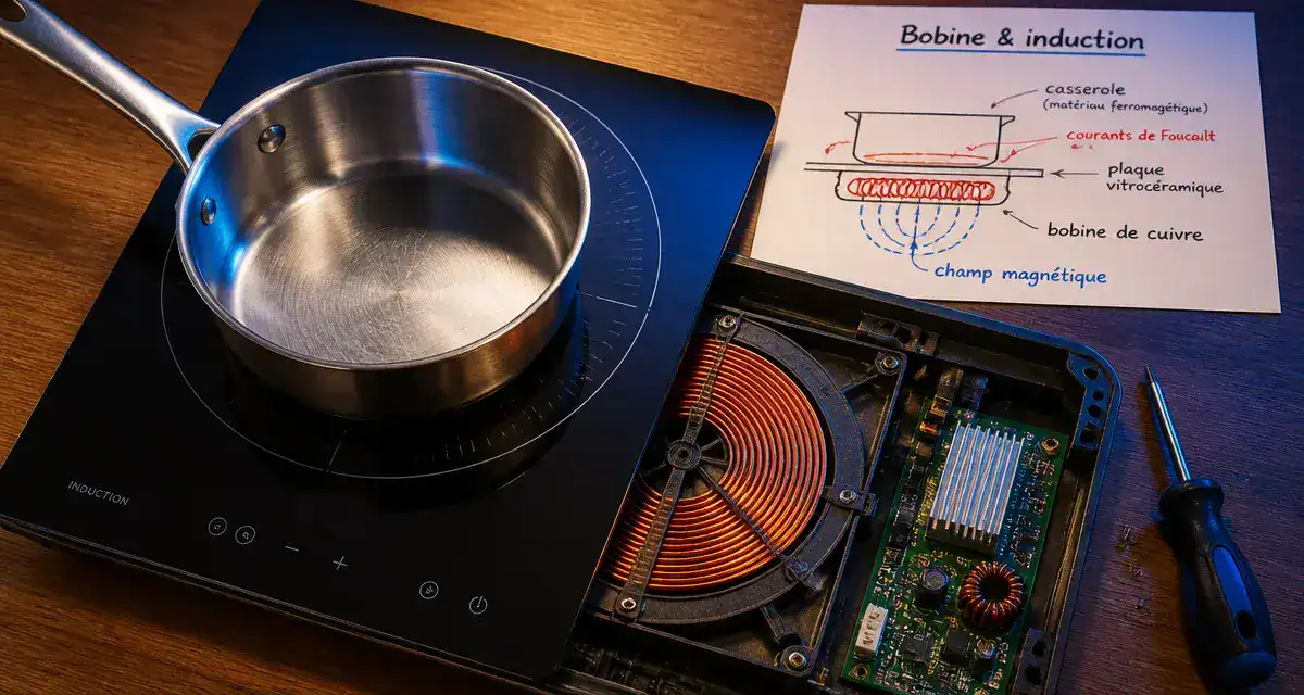 Fonctionnement plaque induction : bobine sous la plaque