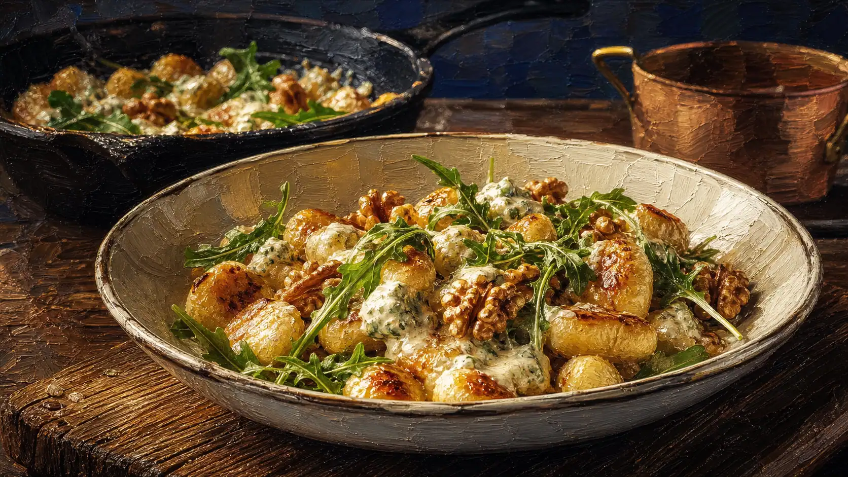 Gnocchi et accompagnement : gnocchis à la crème de gorgonzola, noix et roquette