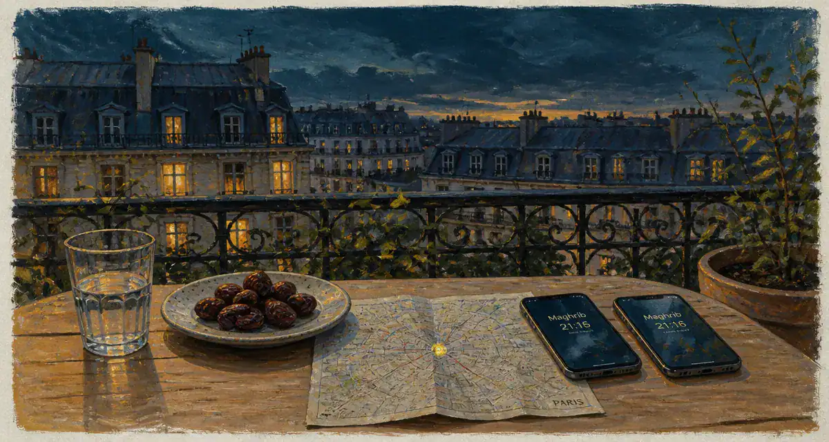 Heur iftar paris : table avec dattes et repère Maghrib