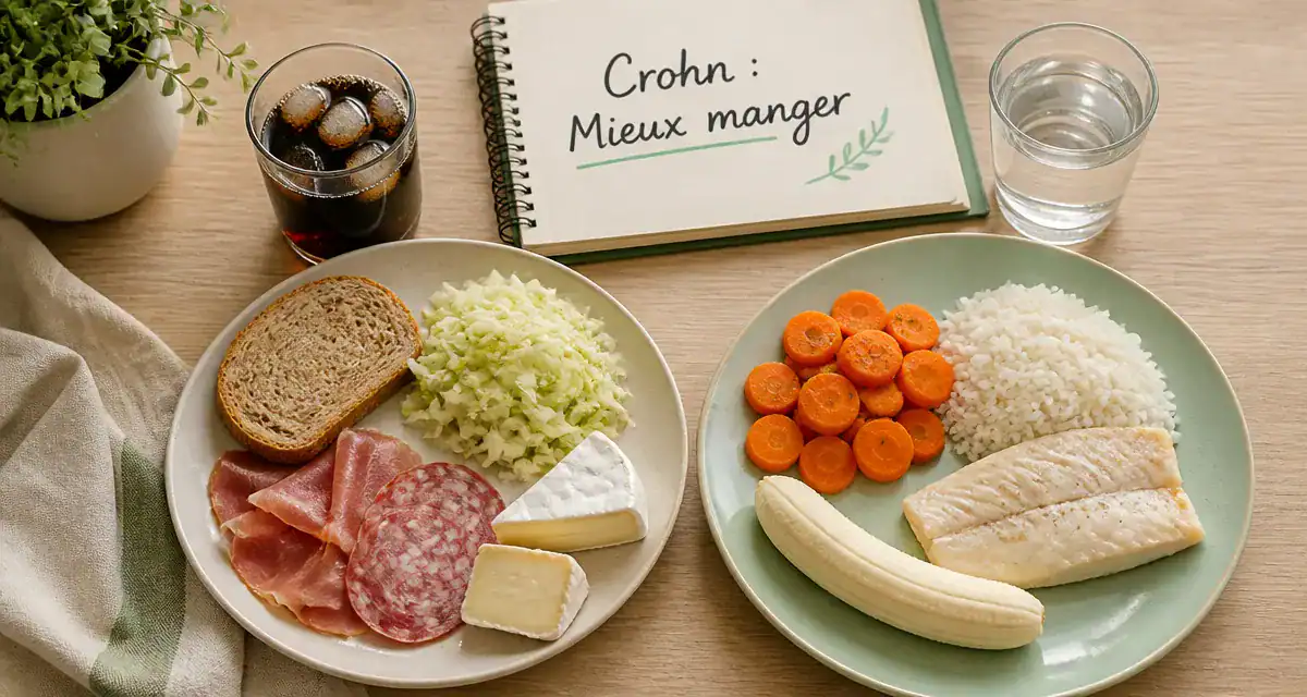maladie de crohn aliments a eviter et recommandes sur deux assiettes