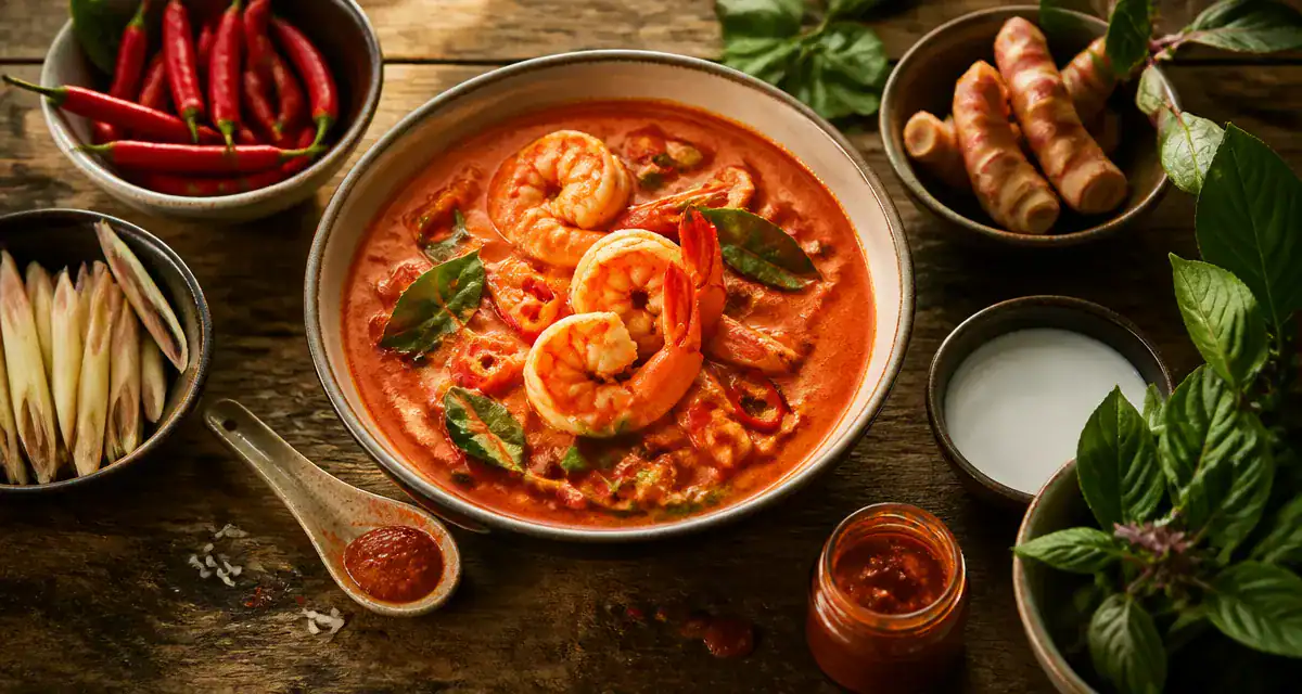 recette avec pate de curry crevettes et bols d’ingrédients