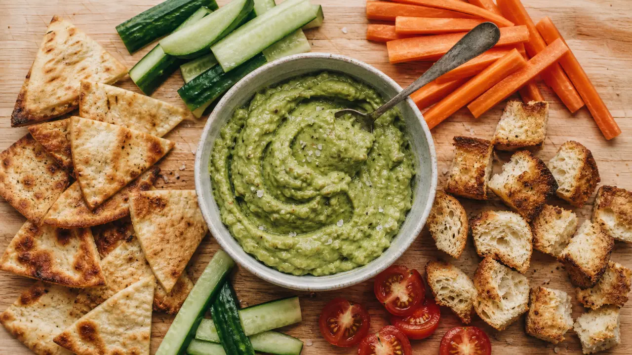 Avec quoi manger le guacamole : bol et accompagnements (chips, légumes, pain).