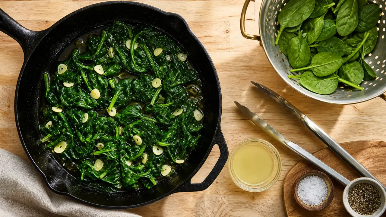 Cuisson epinard frais à la poêle, épinards verts et huile d’olive