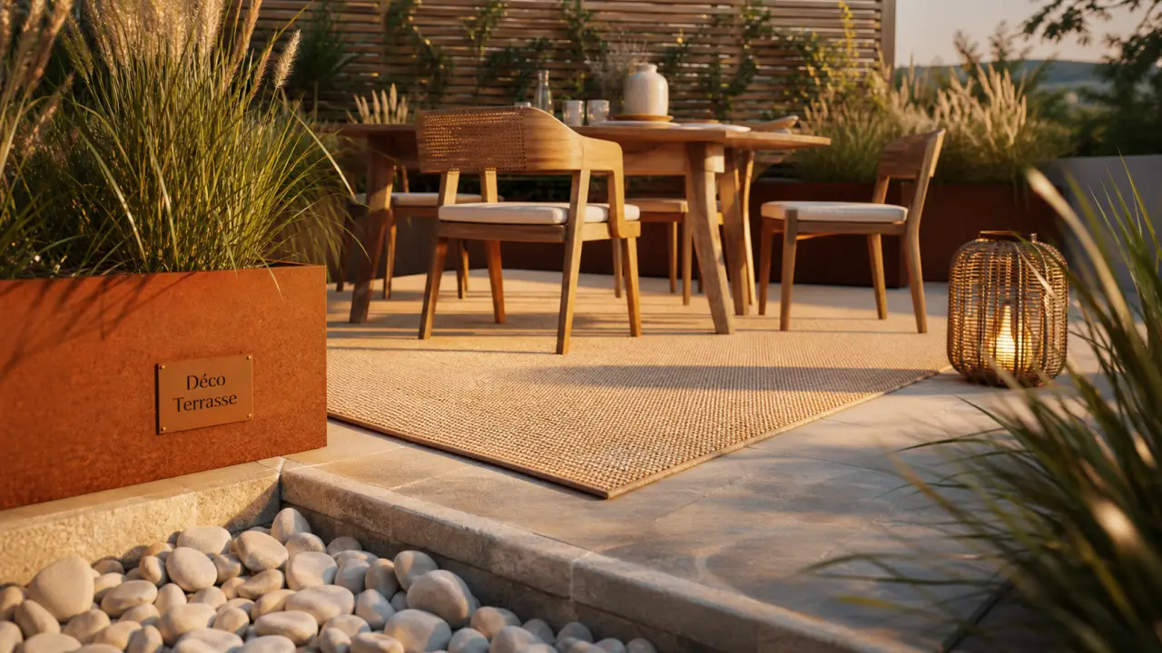 deco pour terrasse : coin repas extérieur avec lumière douce