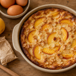 Desserts pêches : clafoutis aux pêches et amandes sur table en bois